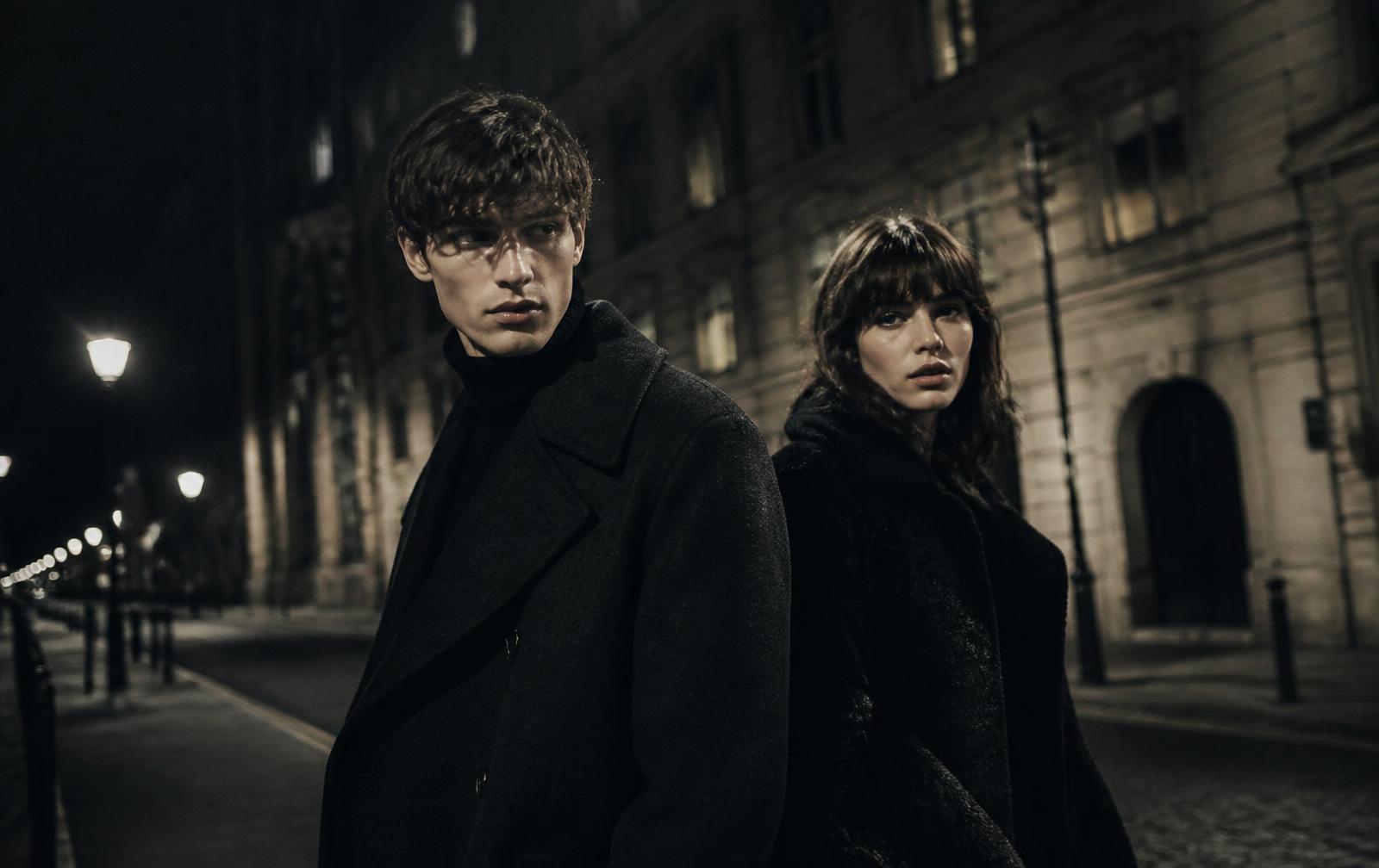 Two models in dark winter outerwear on a city street at night